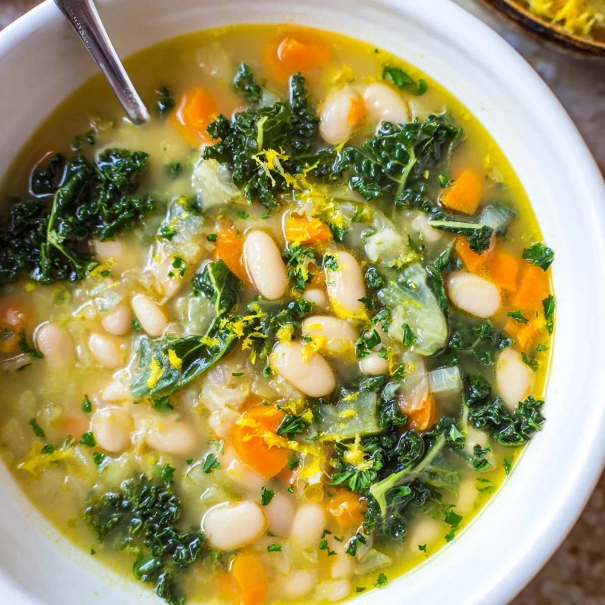 A close-up of White Bean and Kale Soup with Lemon Zest, showcasing creamy beans and vibrant green kale leaves.