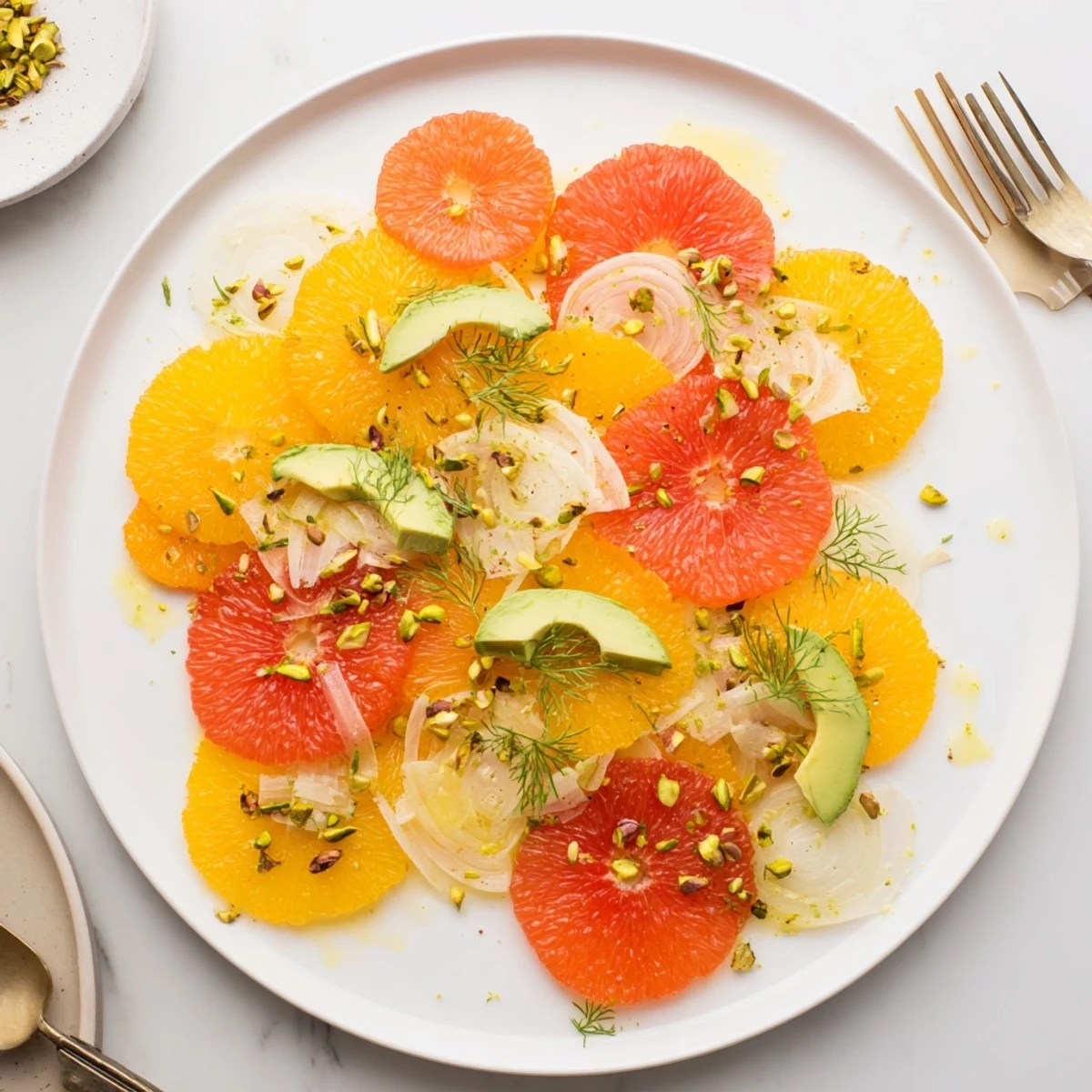A vibrant winter citrus salad with avocado and fennel, finished with crunchy pistachios.