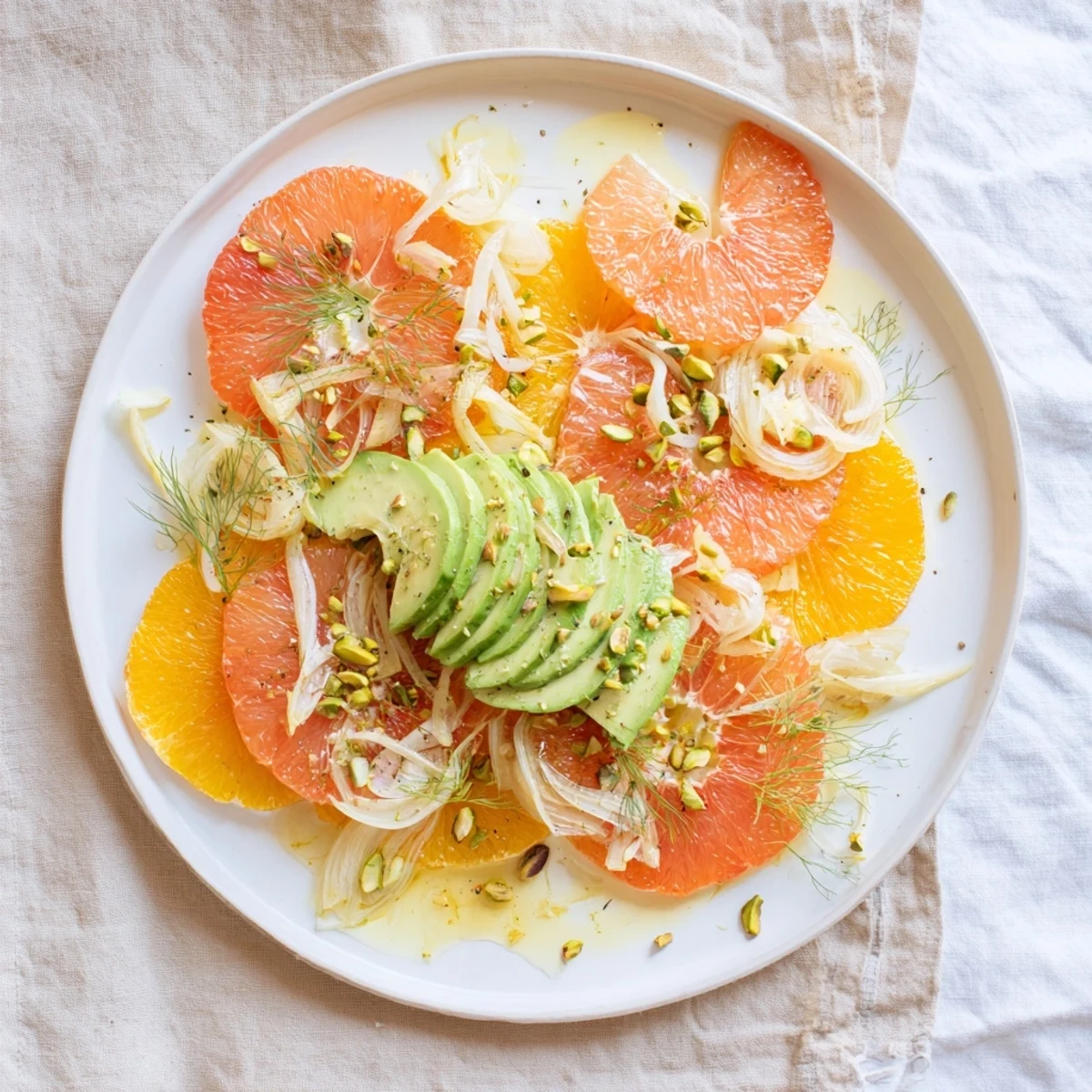 Bright winter citrus salad with creamy avocado and crisp fennel slices on a white plate.