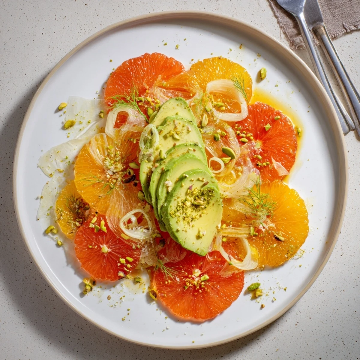 Freshly plated winter citrus salad with avocado and fennel, drizzled with lemony dressing.