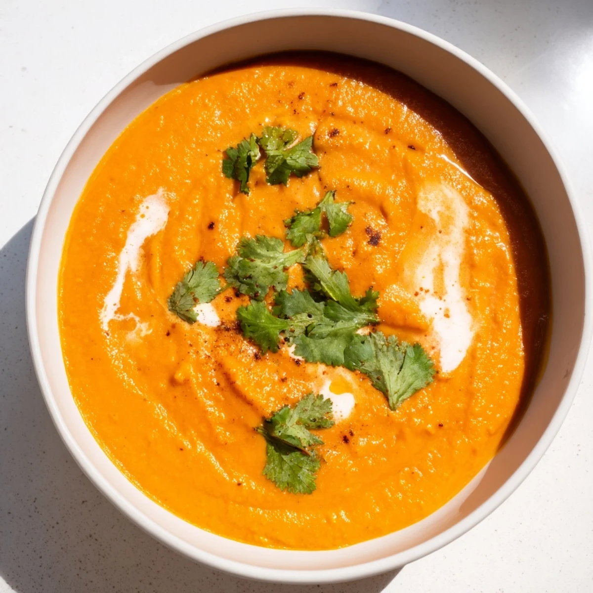 Creamy Roasted Carrot and Ginger Soup in a white bowl, garnished with fresh cilantro and toasted pumpkin seeds.