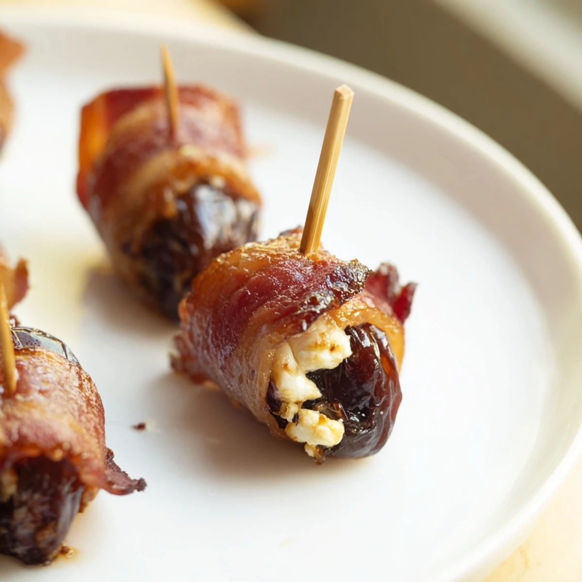 Air Fryer Crispy Beef Bacon Wrapped Dates glisten with golden, crackled bacon and oozing cheese, ready for a party platter.  