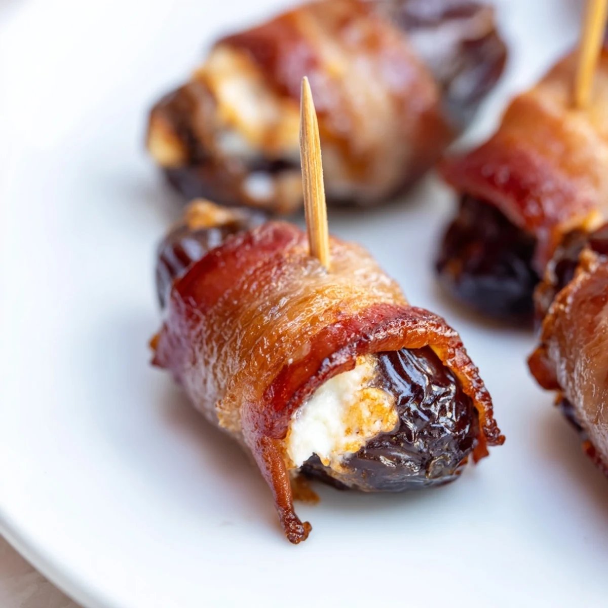 Air Fryer Crispy Beef Bacon Wrapped Dates are plated hot, garnished with parsley and honey, ideal for a gluten-free appetizer spread.