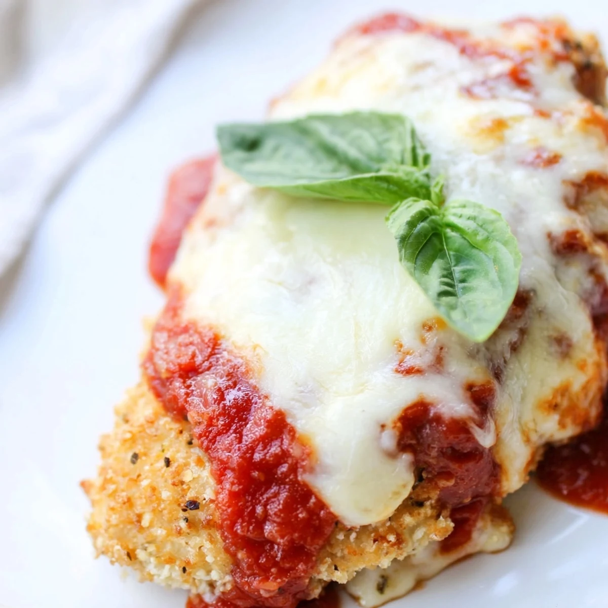 A close-up of crispy baked chicken parmesan with melted cheese and marinara sauce over lightly sautéed zucchini noodles.