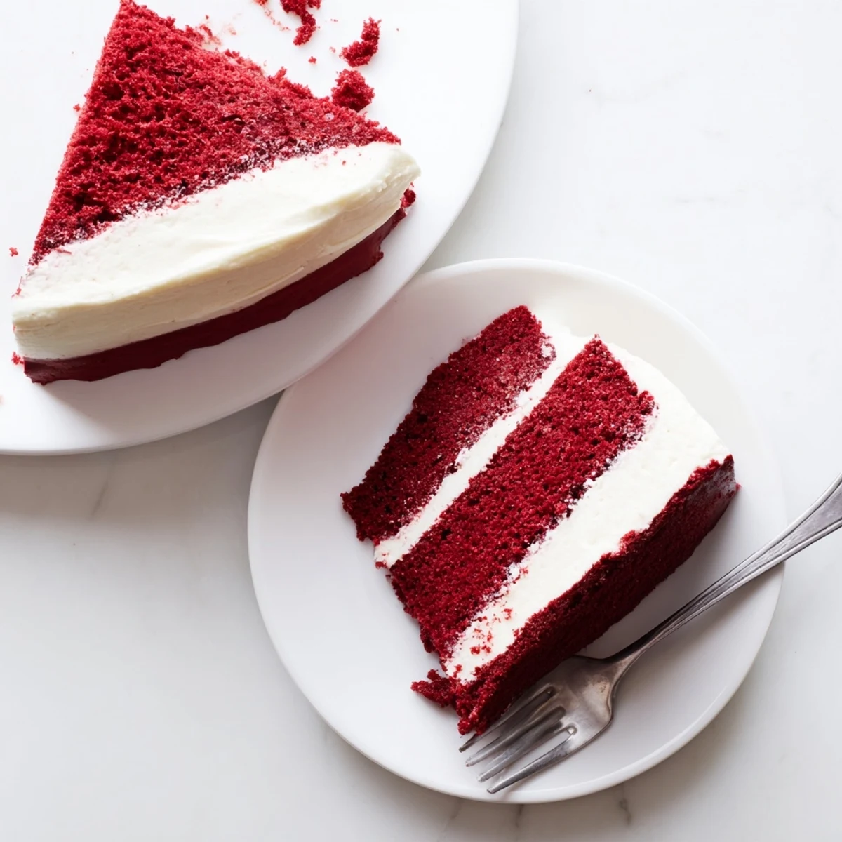 Moist layers of red velvet cake with cream cheese frosting, garnished with crumbs and a vintage cake stand setting.