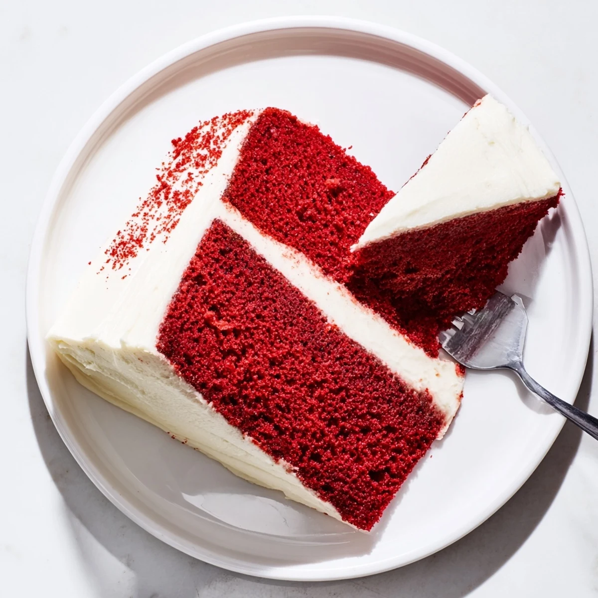 Classic red velvet cake with cream cheese frosting, perfectly layered and ready to serve at a festive celebration.