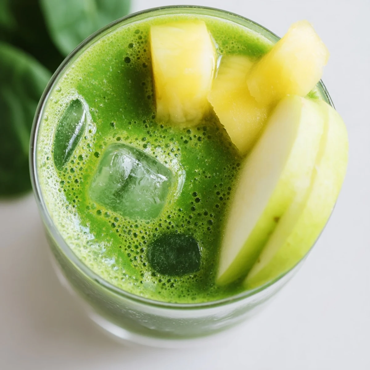 A tall glass of Detox Green Smoothie with Spinach and Ginger, garnished with a fresh mint sprig for a refreshing morning boost.