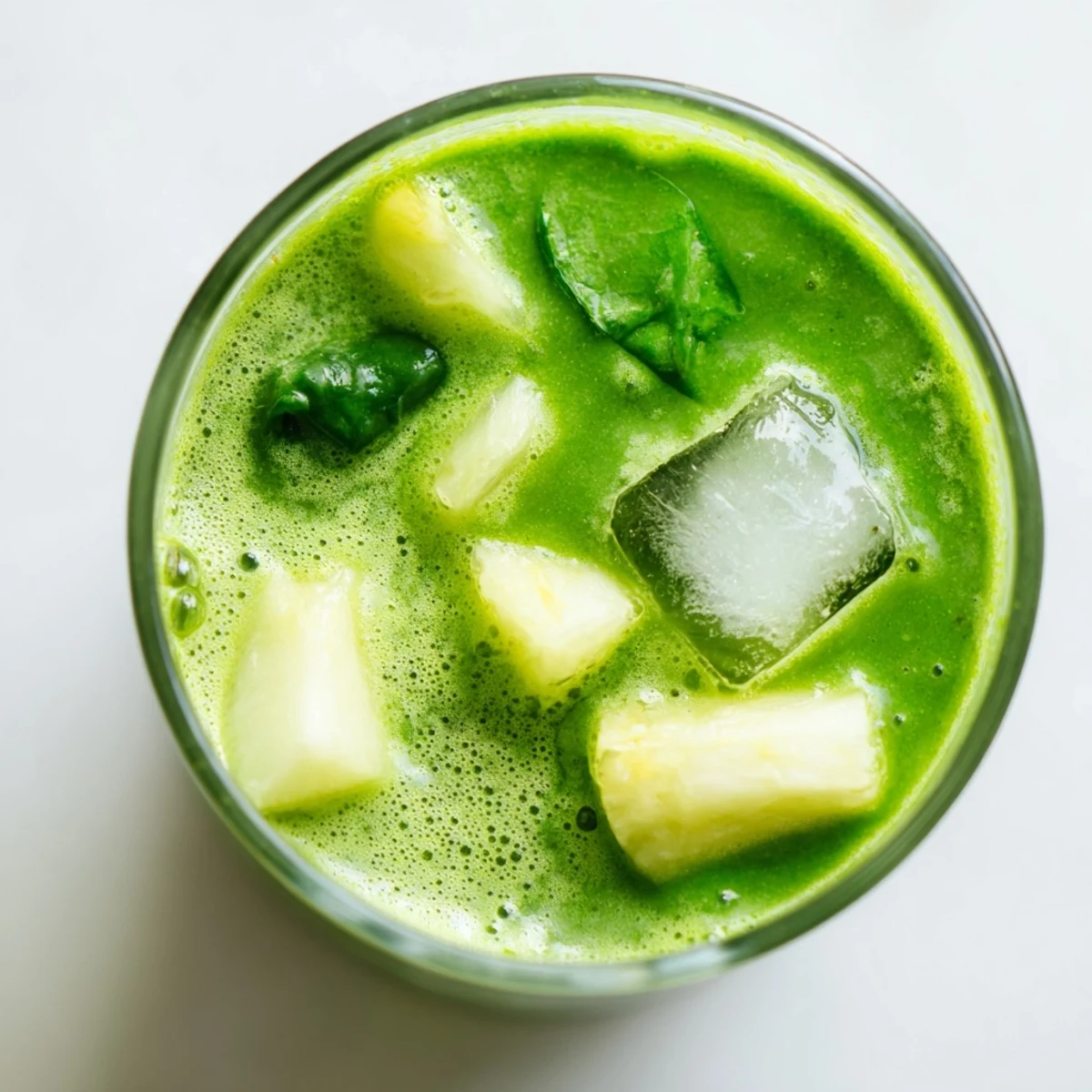 Vibrant Detox Green Smoothie with Spinach and Ginger blended with tropical fruits, served over ice in a rustic kitchen setting.