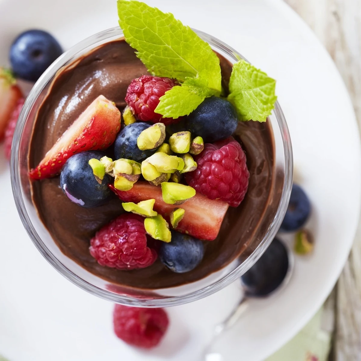 Dark Chocolate Avocado Mousse in small dessert cups, topped with bright raspberries, blueberries, and a sprig of fresh mint.