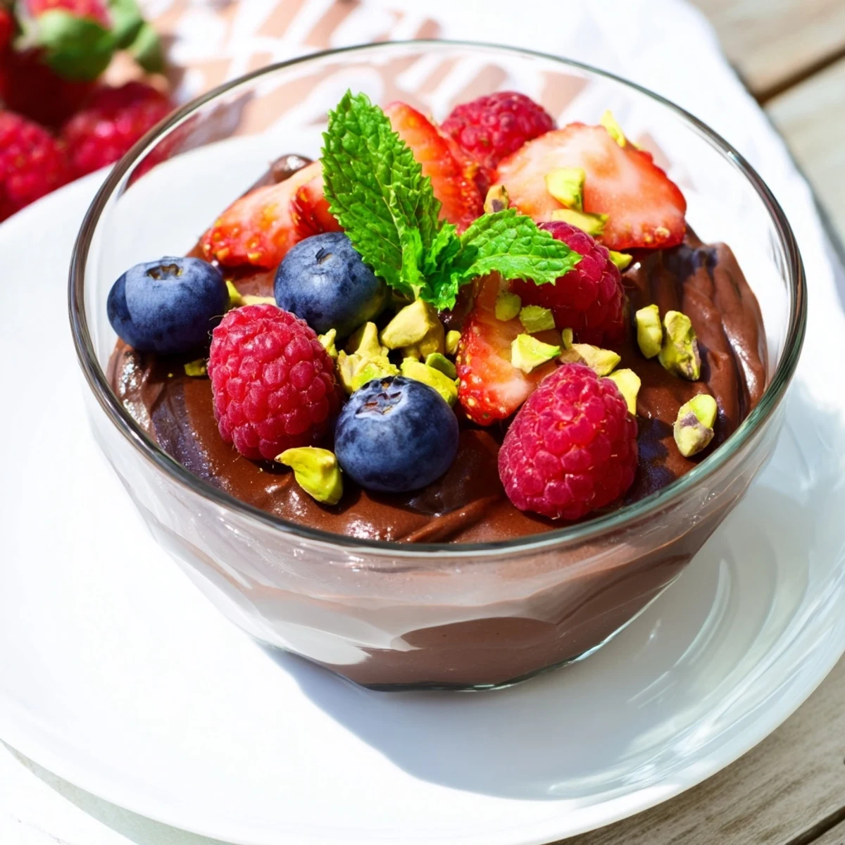 A smooth Dark Chocolate Avocado Mousse with fresh berries, garnished with pistachios and mint in clear serving glasses.