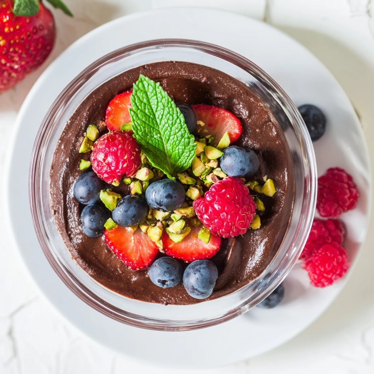Rich, creamy Dark Chocolate Avocado Mousse with berries, ready to serve after chilling; perfect for a gluten-free, dairy-free treat.