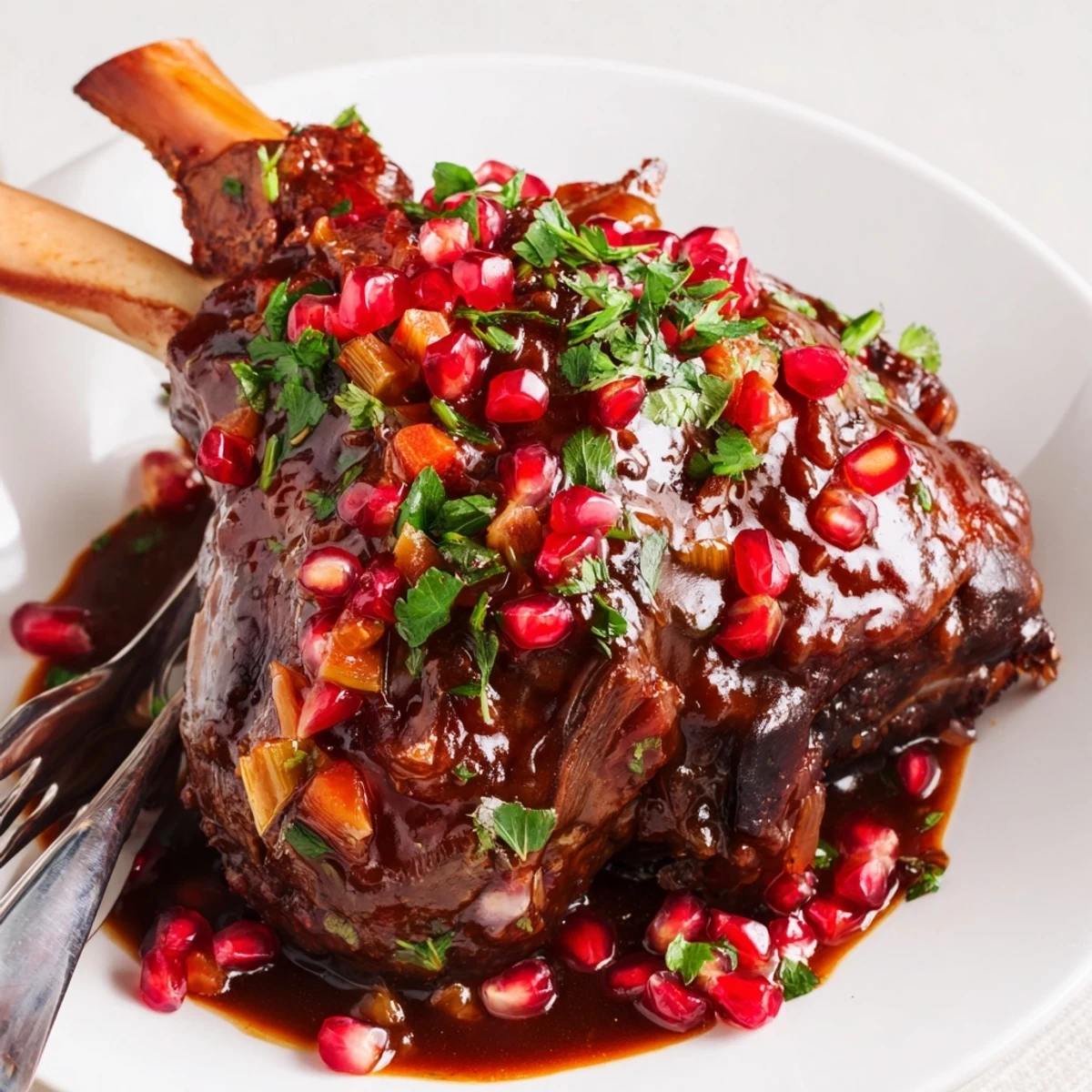 Four tender braised lamb shanks glisten in a glossy pomegranate glaze, garnished with fresh parsley and ruby seeds on a rustic plate.