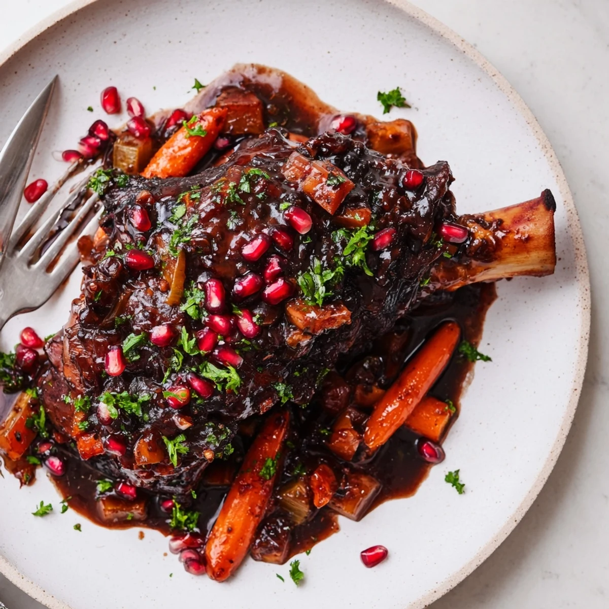 Slow-cooked lamb shanks in a rich pomegranate glaze sit beside creamy mashed potatoes, with fresh parsley and ruby seeds sprinkled on top.