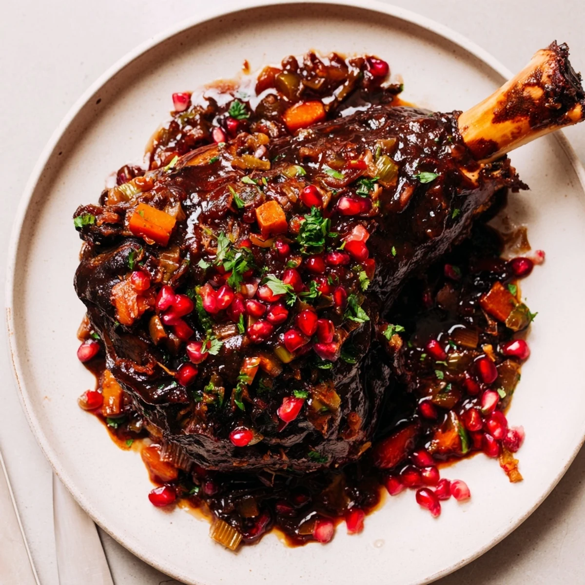A close view of succulent braised lamb shanks with sticky pomegranate glaze, fresh parsley, and ruby seeds on a rustic plate.