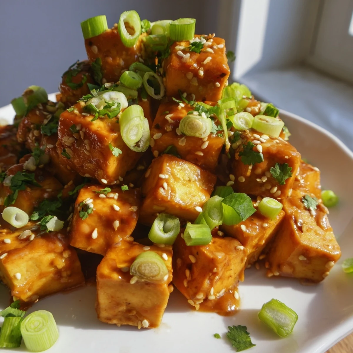 Golden baked tofu cubes tossed in a spicy peanut sauce, served over steamed rice and garnished with fresh cilantro and sesame seeds.  