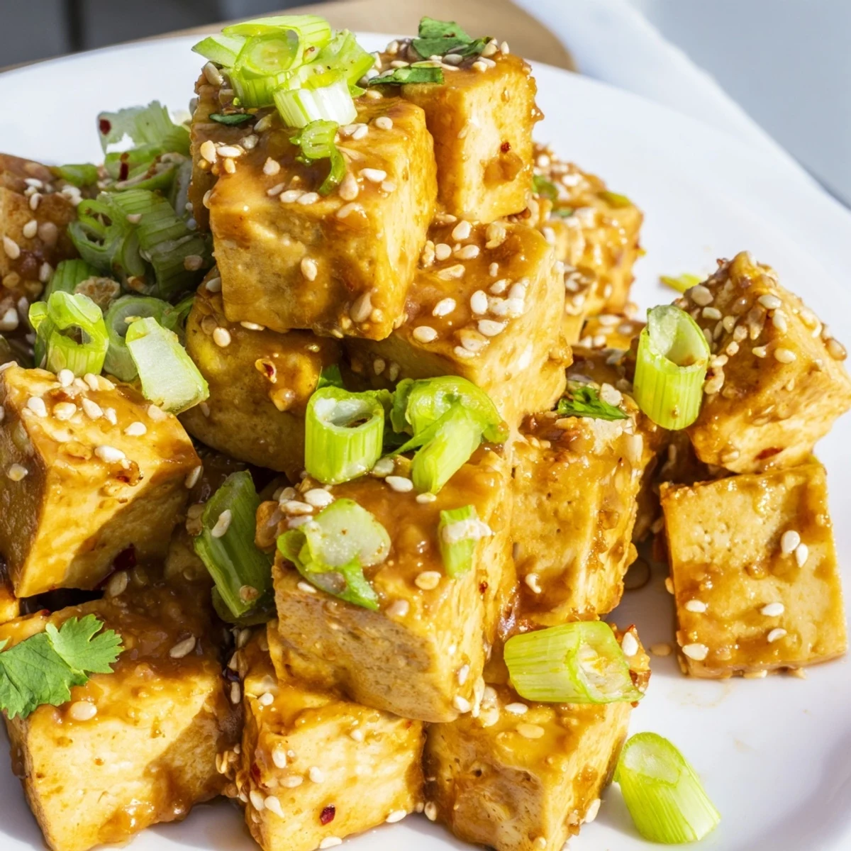 A close-up of Crispy Baked Tofu with Spicy Peanut Sauce, featuring crunchy tofu chunks and a drizzle of rich, spicy peanut sauce.