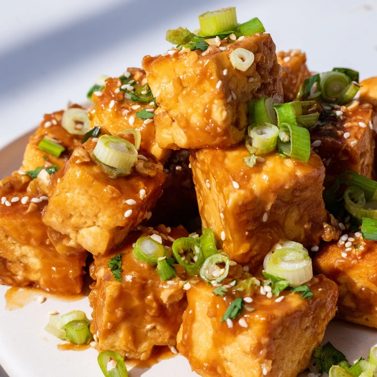 Crispy Baked Tofu with Spicy Peanut Sauce highlights a glossy, creamy coating and vibrant green onions for a flavorful weeknight meal.  