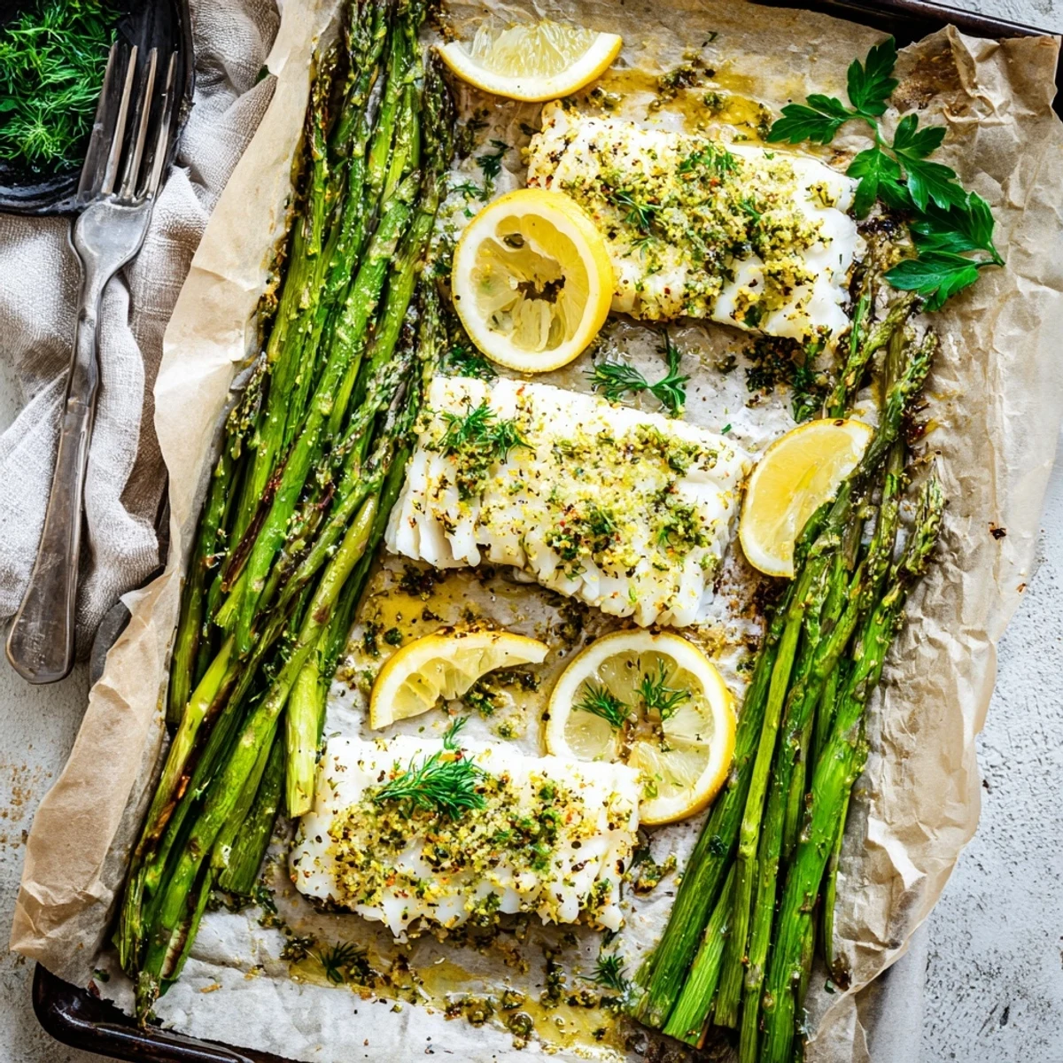 Flaky cod fillets and roasted asparagus on a sheet pan with lemon and herbs.