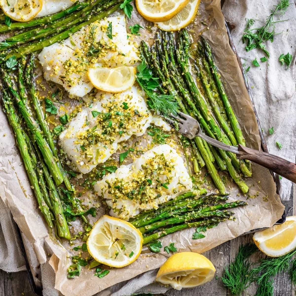 Serving plated Sheet Pan Lemon Herb Cod next to roasted asparagus.