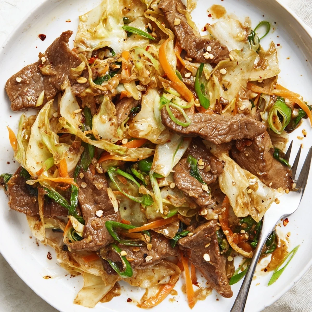A close-up of Keto Friendly Beef and Cabbage Stir Fry in a skillet, featuring tender beef strips and vibrant cabbage with fresh green onions.