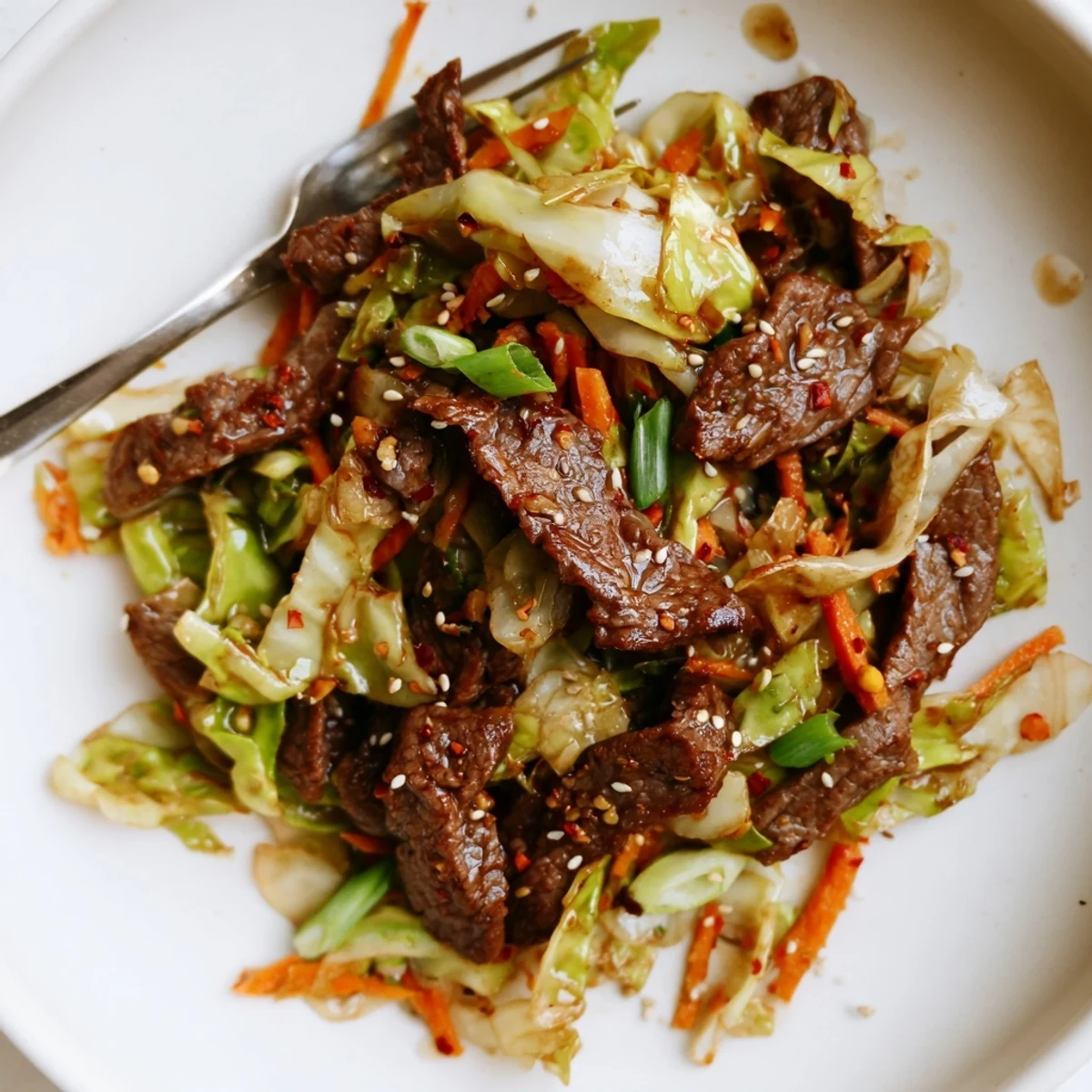 Stir-fried Keto Friendly Beef and Cabbage in a wok, releasing aromatic steam with a savory low-carb sauce coating every bite.