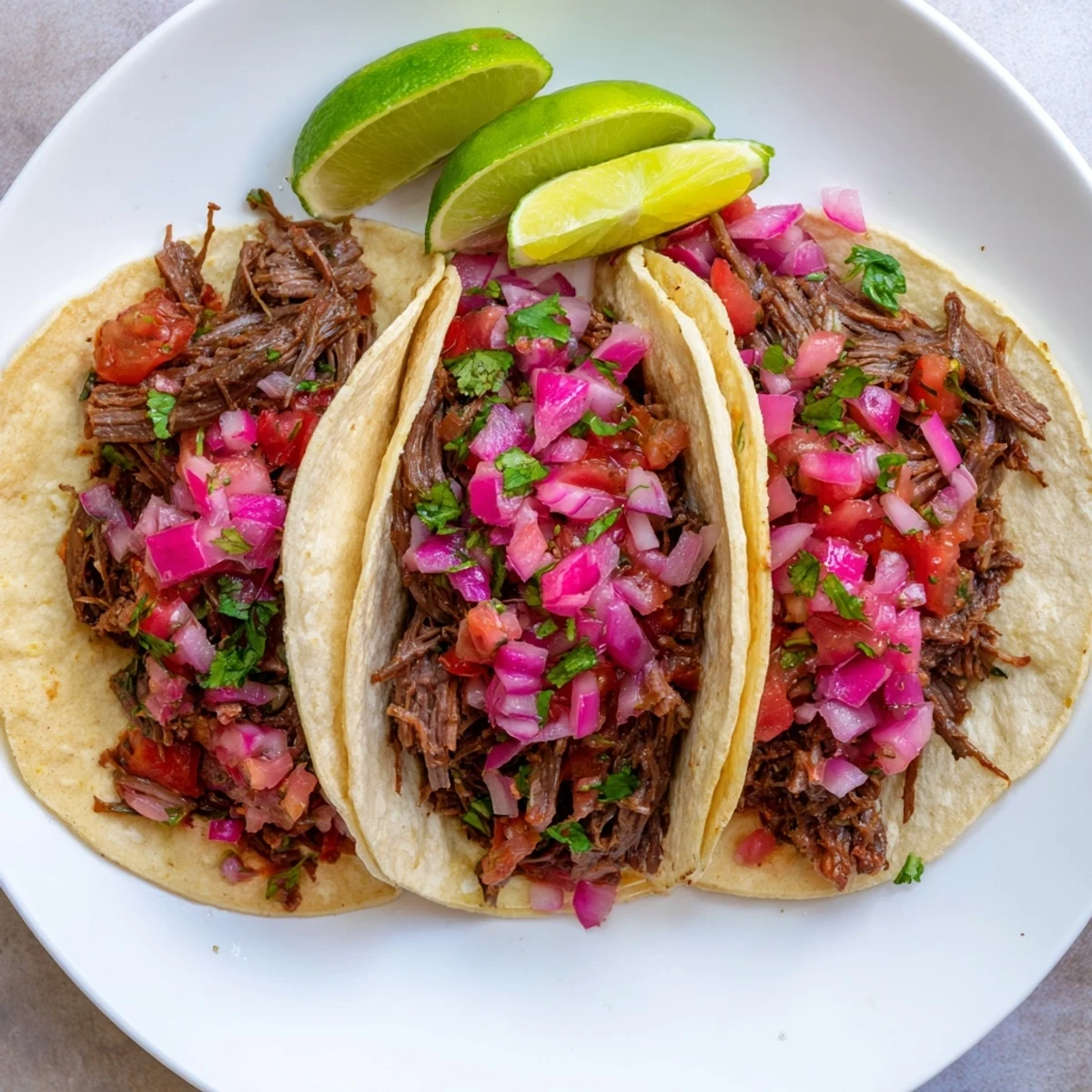 Tender beef chuck roast shredded and piled high in tortillas for taco night.