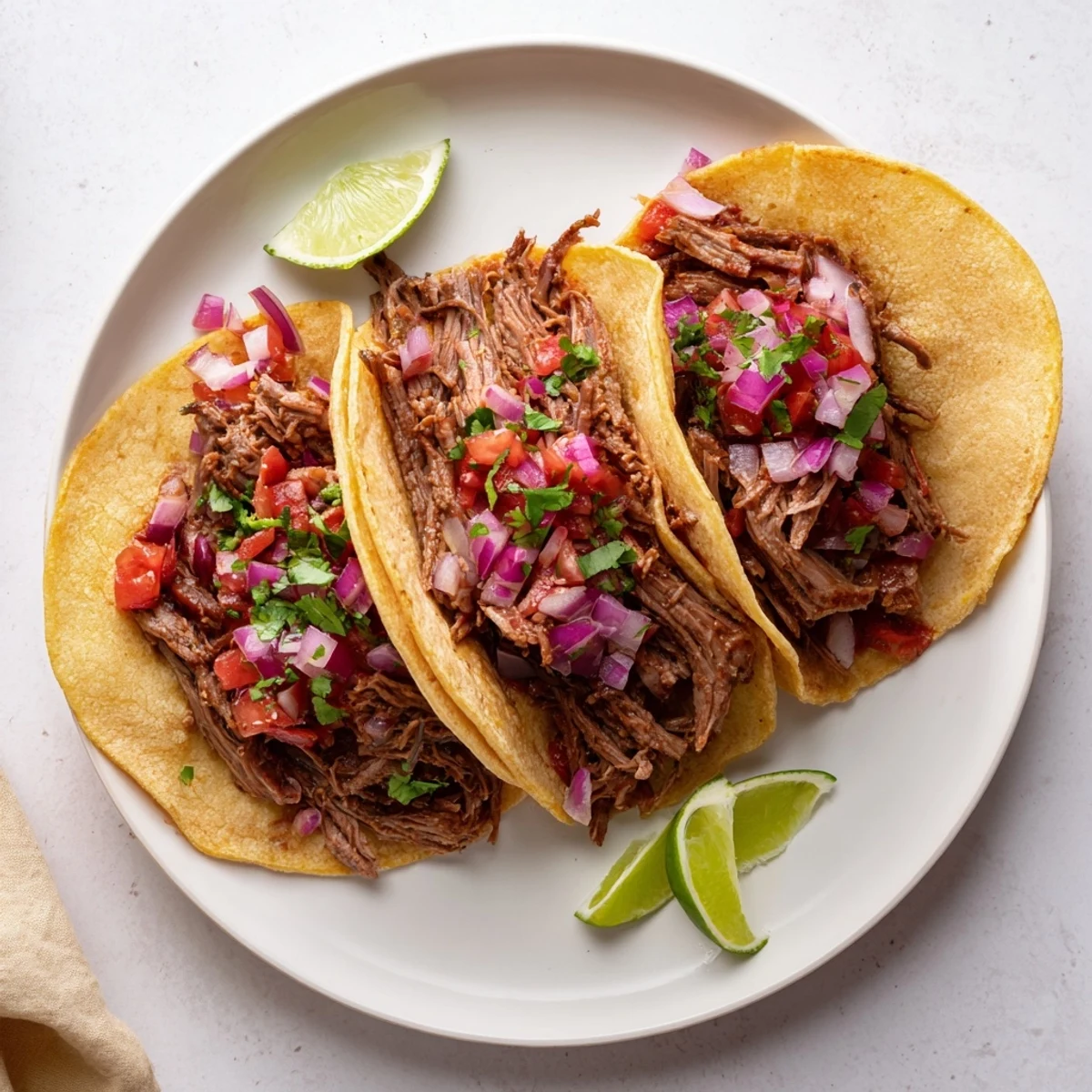 Slow-cooked shredded beef tacos topped with cilantro and red onion on warm corn tortillas.