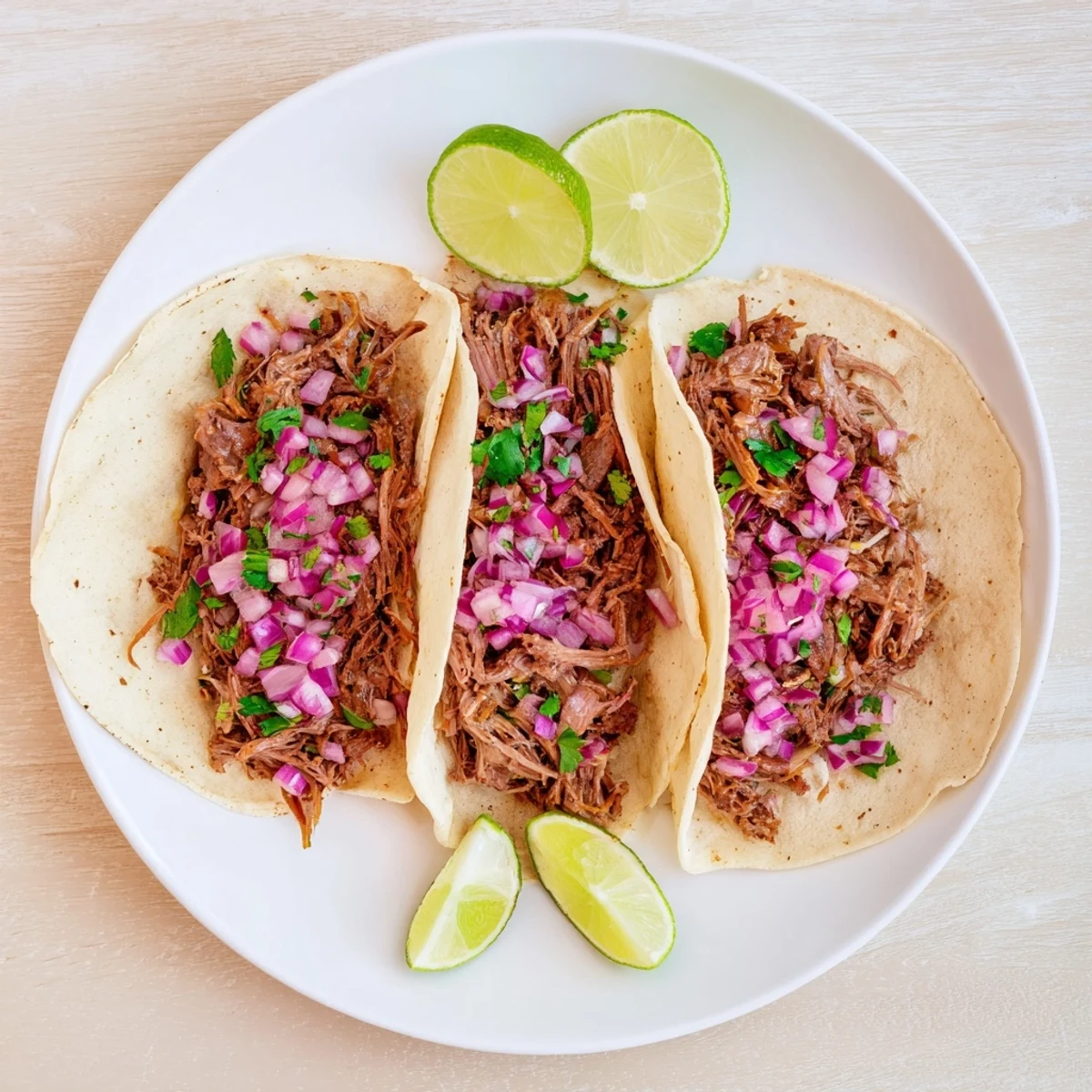 Zesty lime-infused shredded beef tacos ready to serve with avocado and queso fresco.
