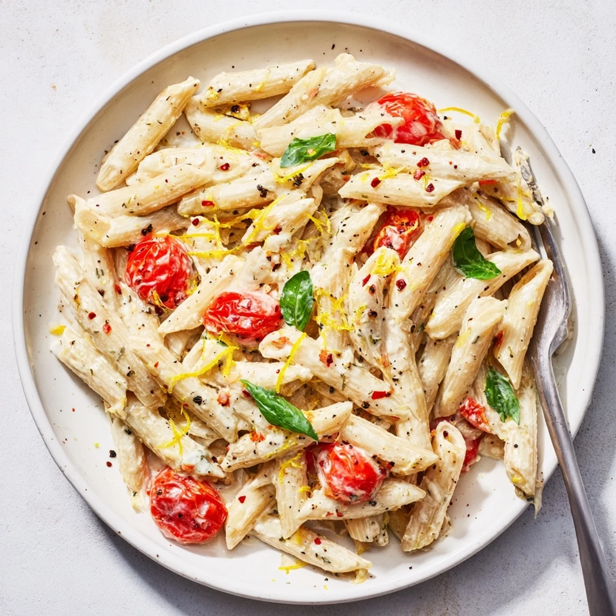 A close-up view of the viral baked feta pasta, garnished with fresh basil leaves and a sprinkle of black pepper for a vibrant finish.