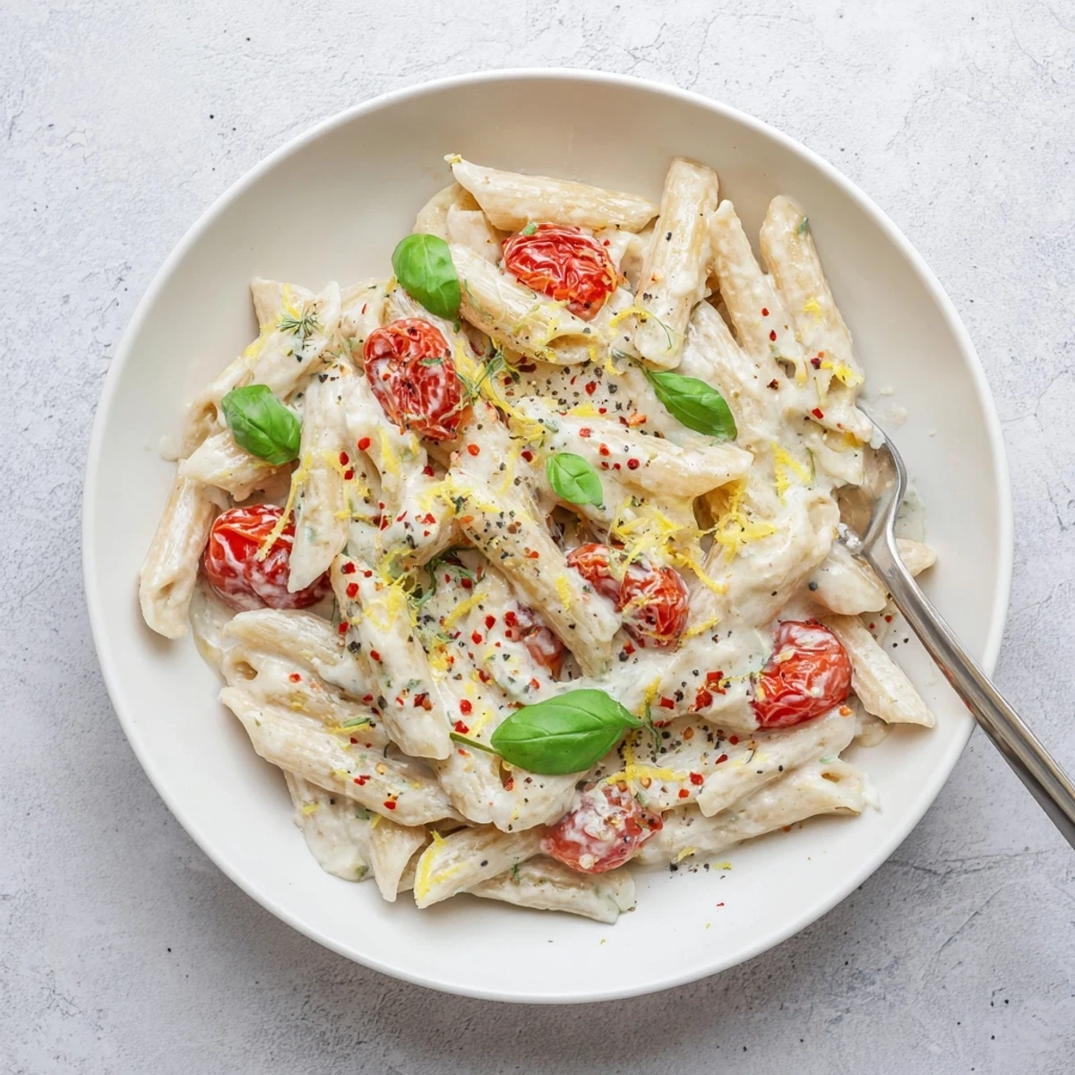 Delicious weeknight dinner featuring bubbling feta and bursting tomatoes in a ceramic baking dish, paired with cooked pasta for a savory Mediterranean meal.