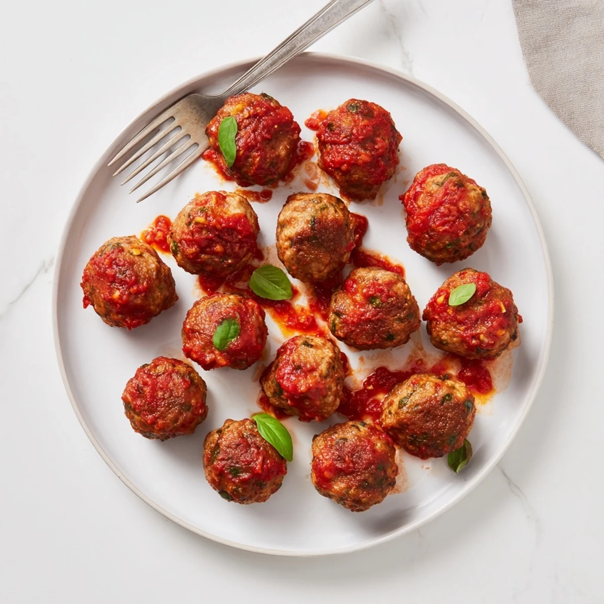 Tender turkey meatballs simmer in a vibrant roasted tomato sauce, garnished with fresh basil for a hearty Italian-American dinner.