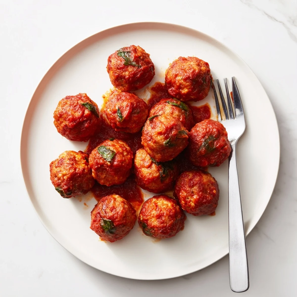 A close-up of golden-brown turkey meatballs in a rich, garlicky roasted tomato sauce, served over spaghetti for a comforting meal.