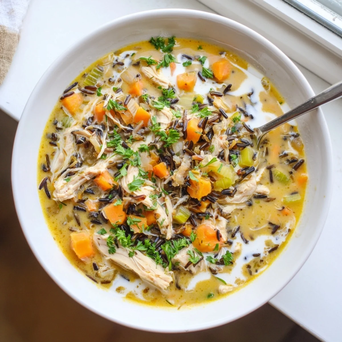 Enjoy a comforting spoonful of Instant Pot Chicken and Wild Rice Soup, perfect for a chilly, rainy day.
