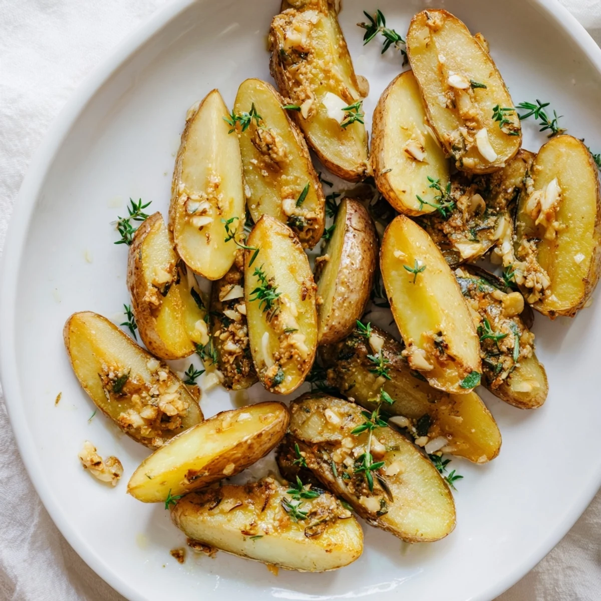 Golden brown fingerling potatoes roasted with minced garlic, fresh rosemary, and thyme, glistening with olive oil on a baking sheet.