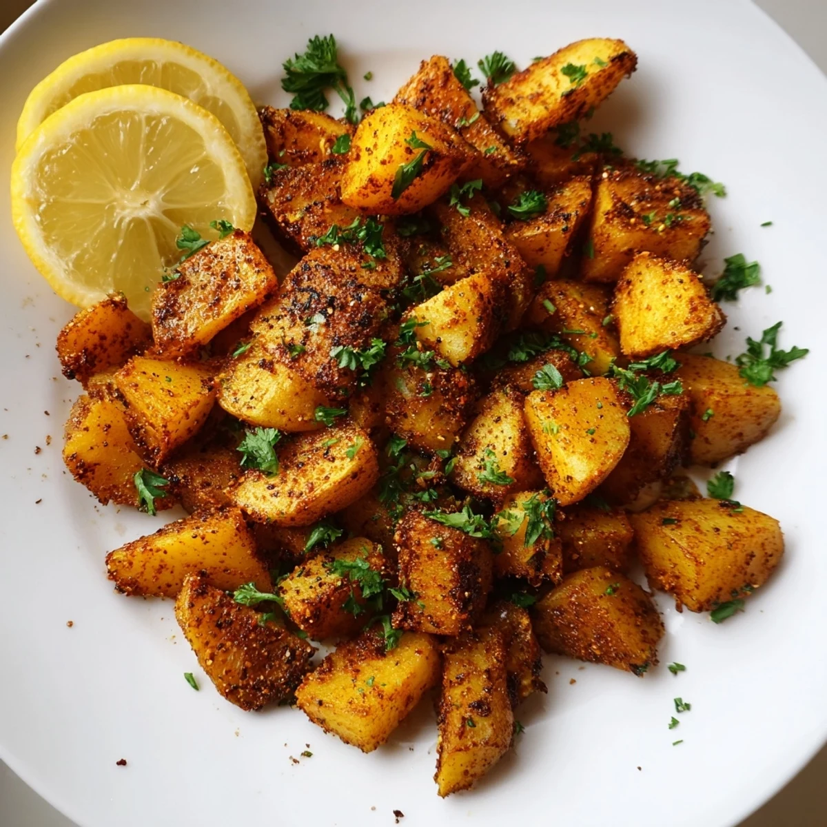 Golden brown Cajun Spiced Roasted Potatoes with crispy edges and tender centers, garnished with fresh parsley and lemon wedges.