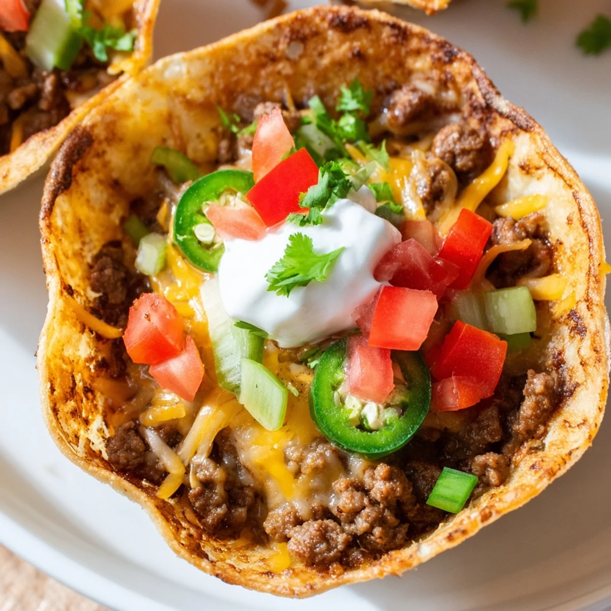 Golden-brown Taco Cups with Ground Beef and Cheese sit in a muffin tin, garnished with fresh cilantro and jalapeño slices.