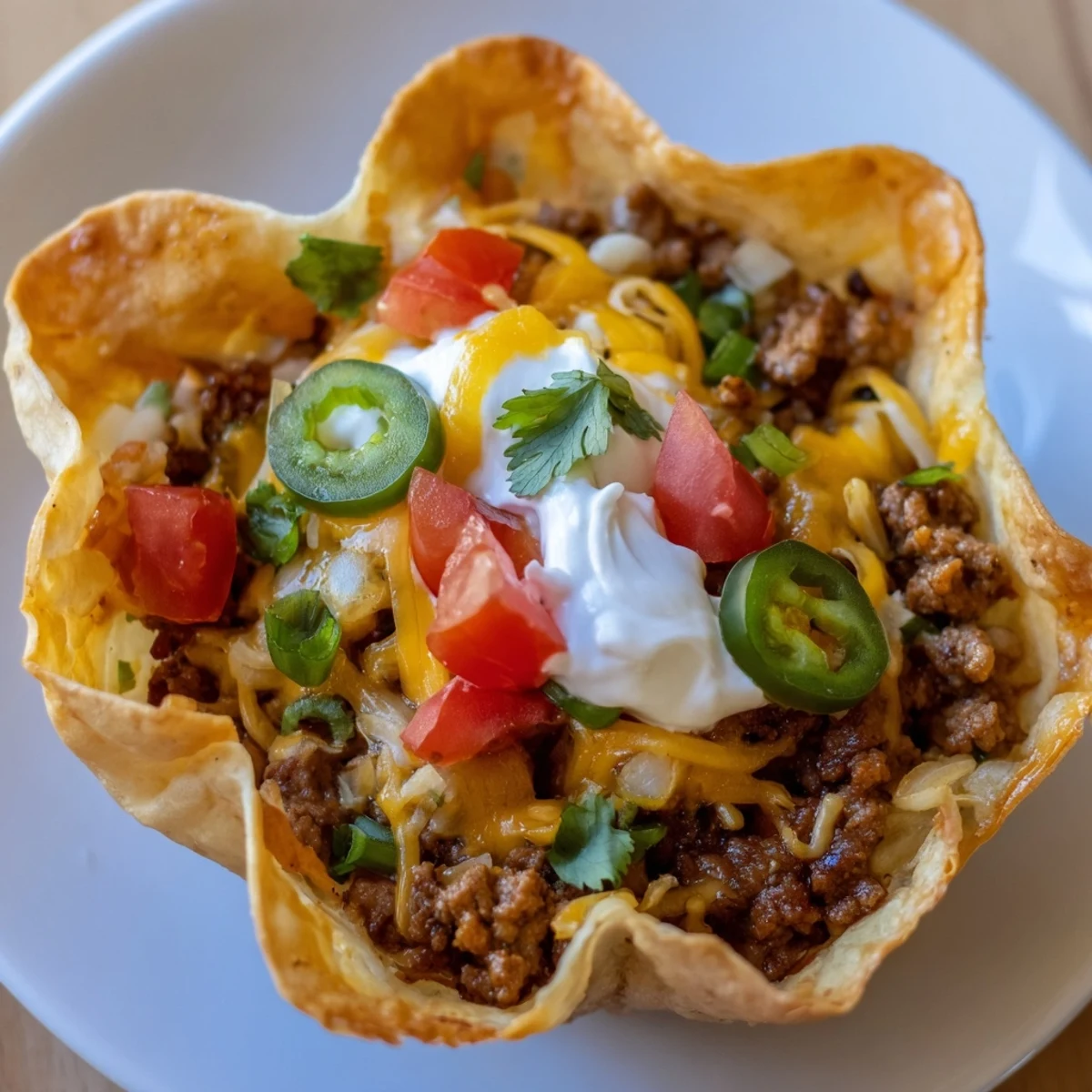 A close-up of Taco Cups with Ground Beef and Cheese reveals melted cheddar and sour cream drizzle for a perfect party appetizer.