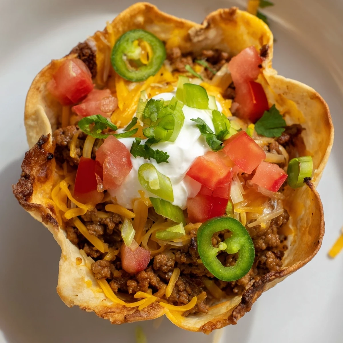 Freshly baked Tex-Mex Taco Cups with Ground Beef and Cheese are topped with diced tomatoes and sliced green onions.