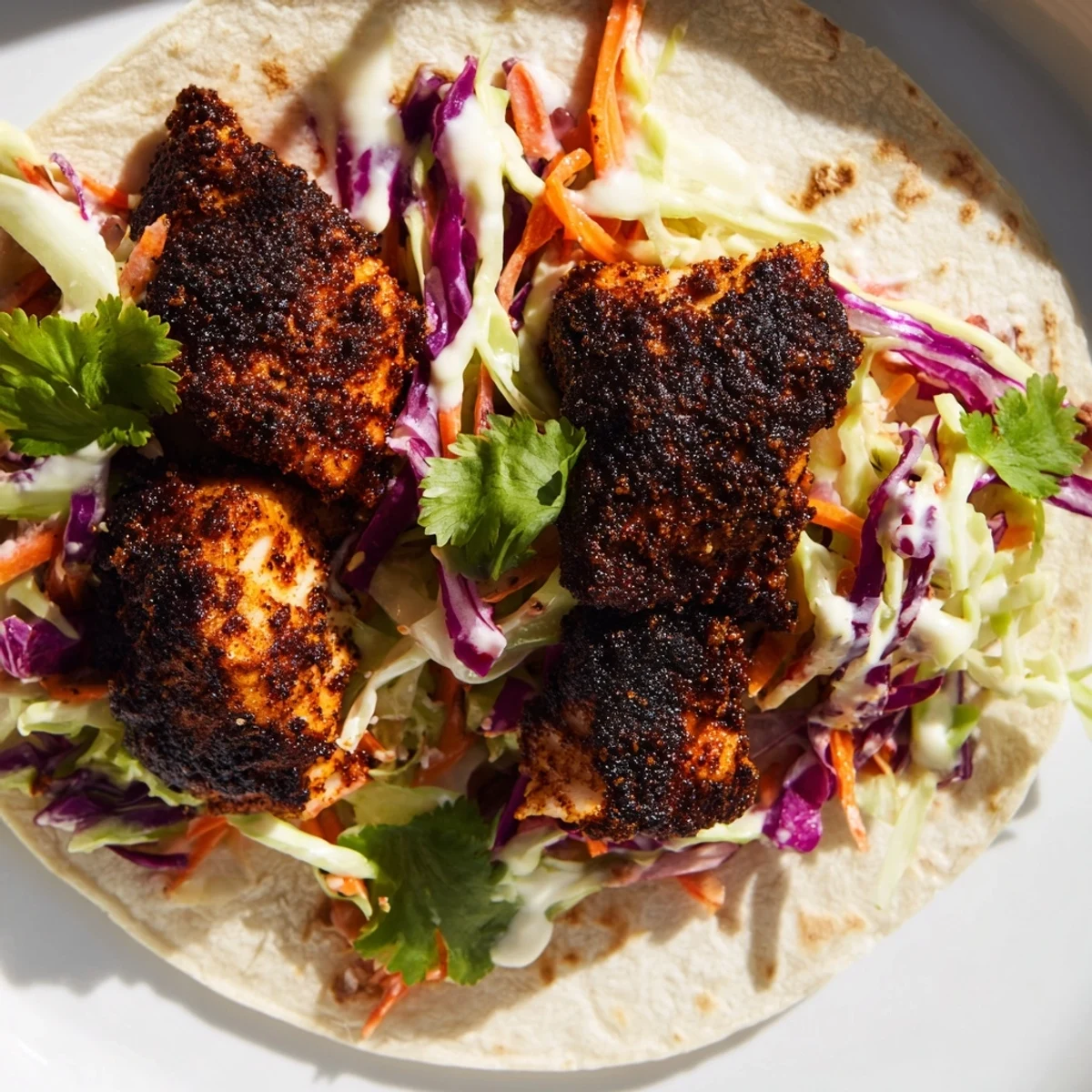 Warm corn tortillas cradle blackened fish fillets topped with crisp cabbage slaw and fresh cilantro.