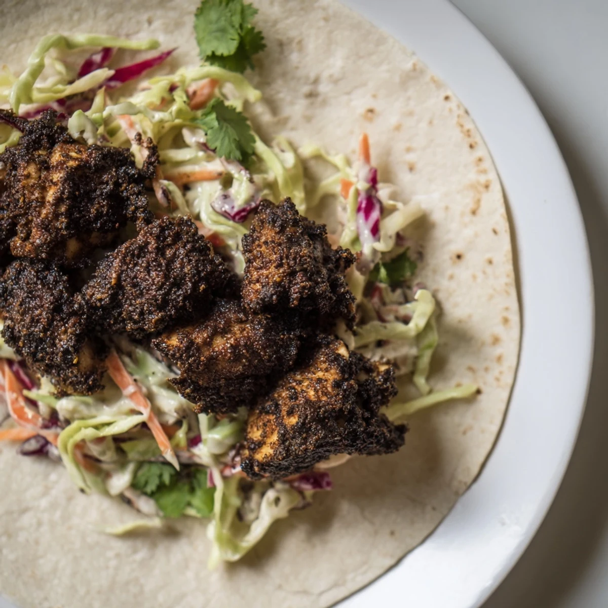 Blackened Fish Tacos with Slaw showcase golden, spicy fish, creamy lime slaw, and vibrant garnishes.