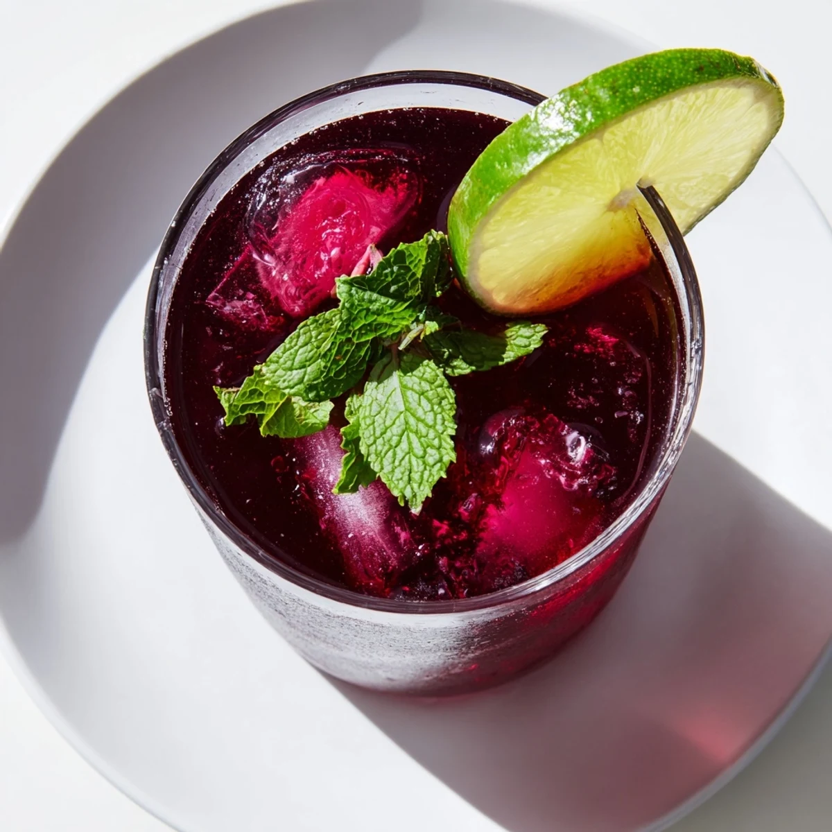 A tall glass of Hibiscus Iced Tea with Lime filled with ice, garnished with fresh mint leaves and a lime slice.