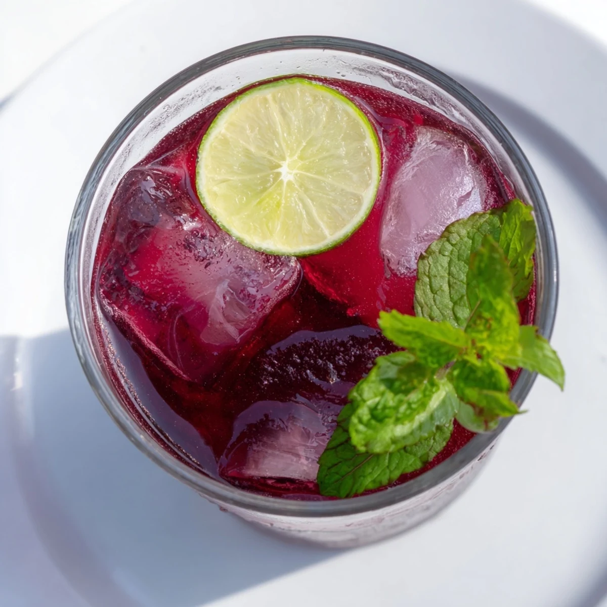 A pitcher of deep red Hibiscus Iced Tea with Lime being poured over ice into a clear serving glass.