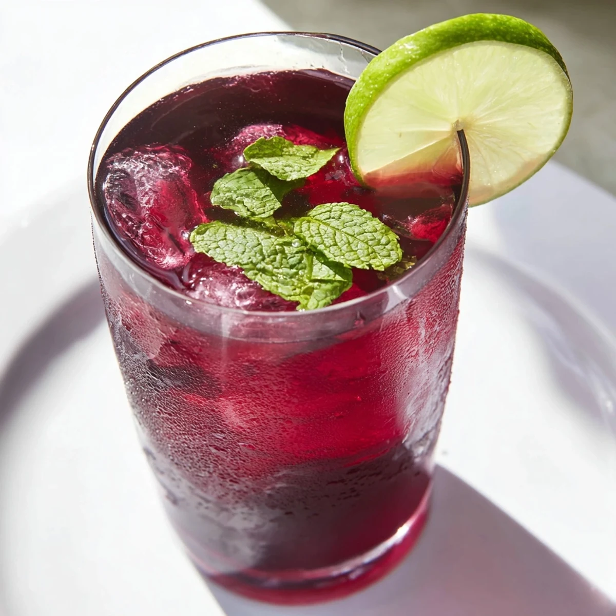 Vibrant pink Hibiscus Iced Tea with Lime in a glass, showing fresh lime wedges and mint sprigs on top.