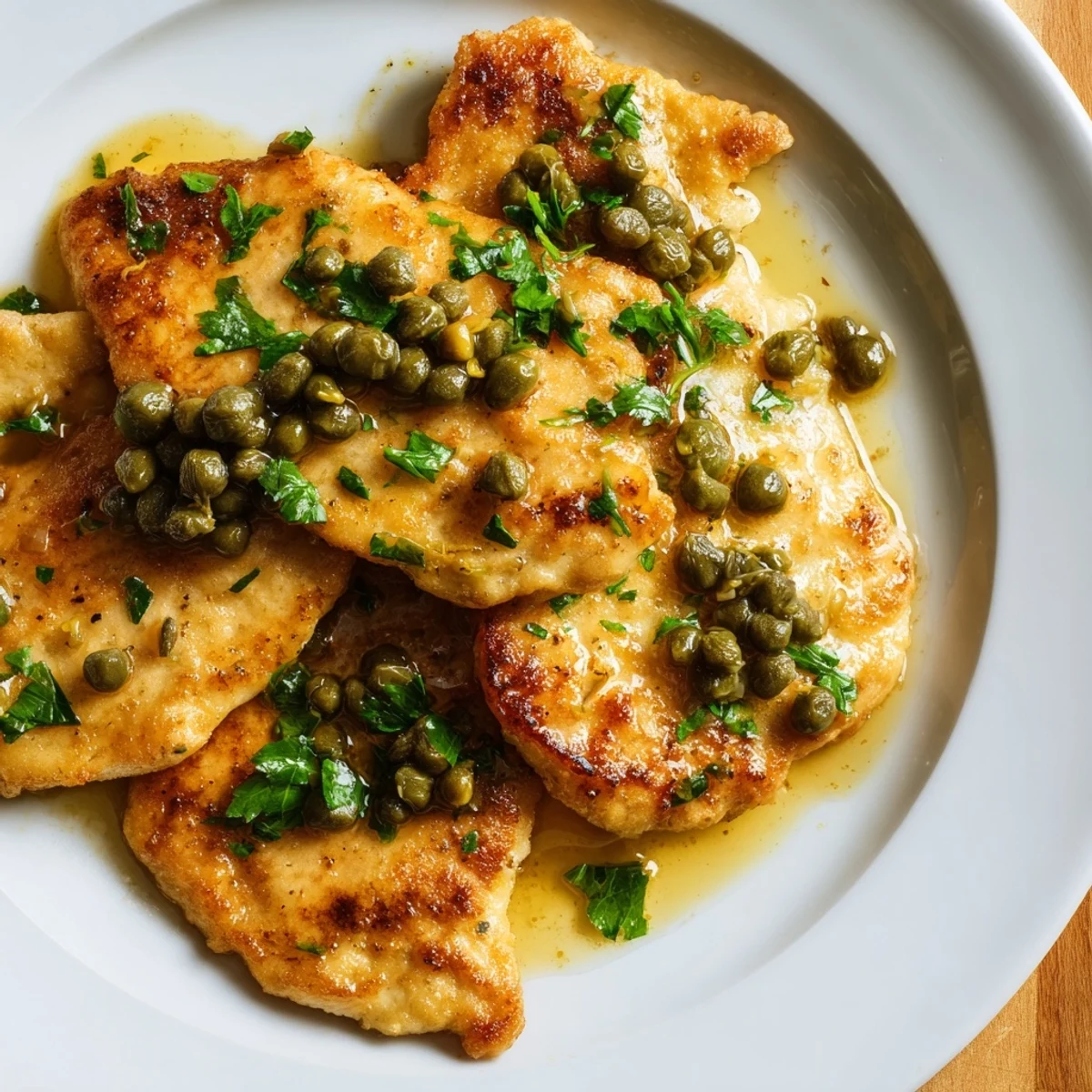 Golden-brown Chicken Piccata with capers and lemon, simmered in a bright, tangy sauce ready to serve.