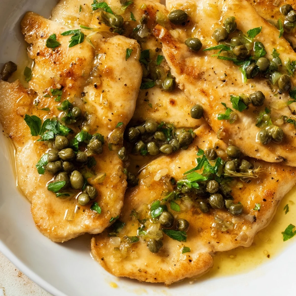Juicy Chicken Piccata paired with pasta, garnished with parsley and lemon for a classic Italian dinner.