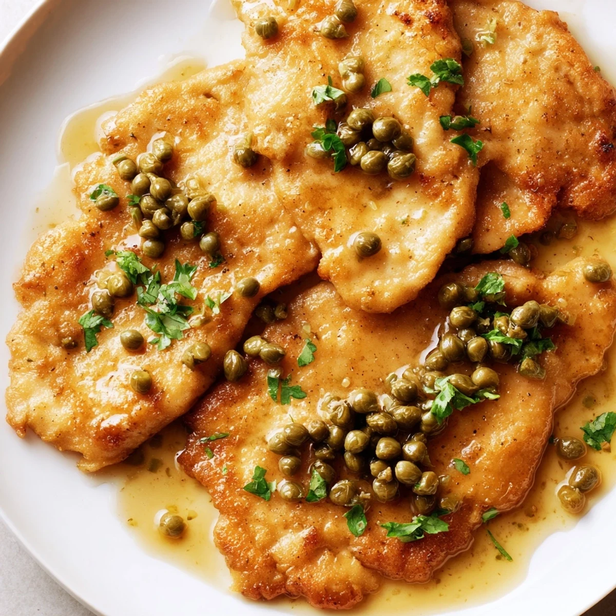 Tender chicken piccata cutlets with fresh parsley and briny capers in a glossy lemon-butter sauce.