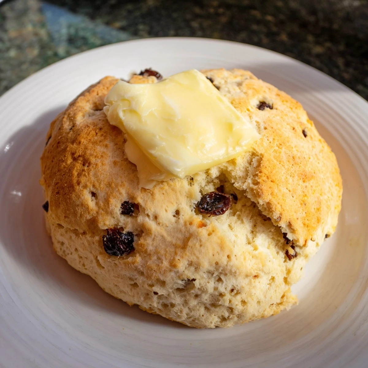 Golden-brown Irish Soda Bread Scones with Butter rest on a wooden board, their flaky interiors visible when split.