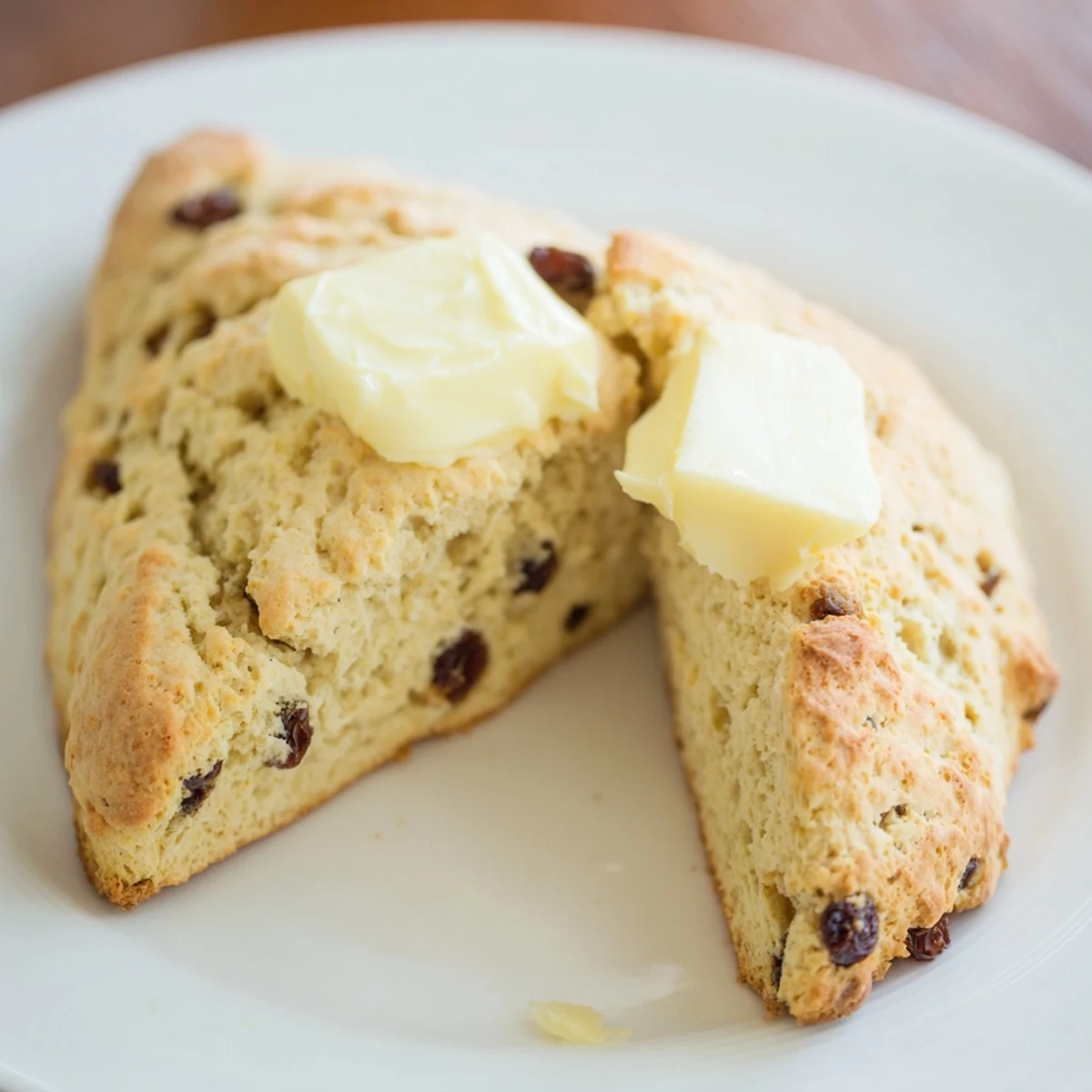 Freshly baked Irish Soda Bread Scones with Butter are served warm on a rustic plate beside a pat of melting butter.