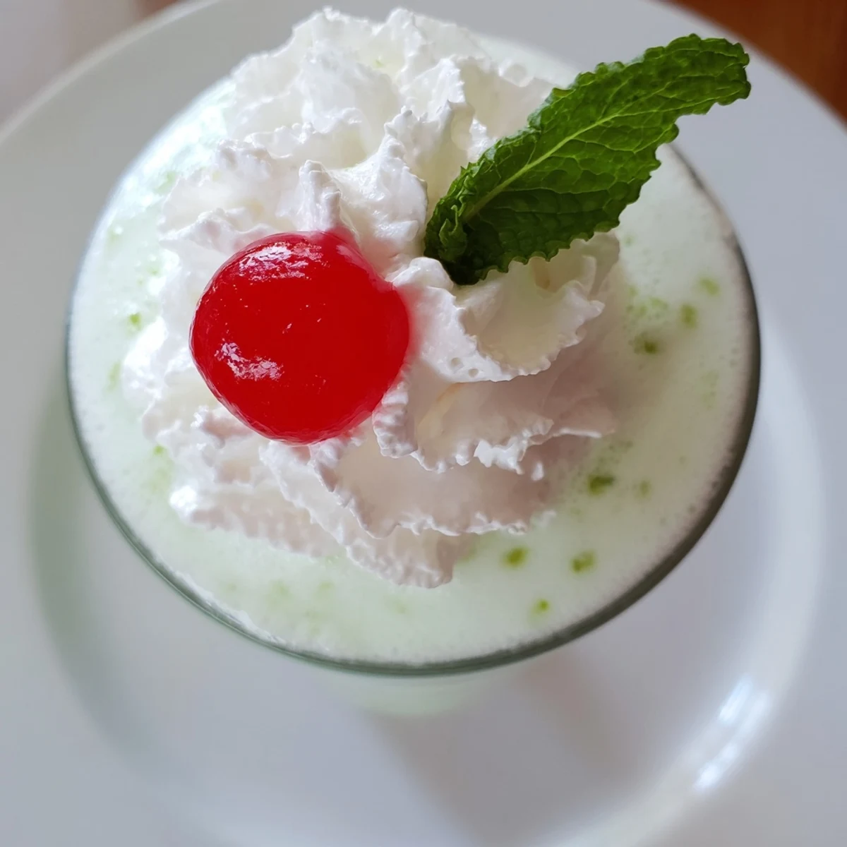 A close-up view of a frothy Mint Milkshake with Maraschino Cherry, showing creamy texture and fresh mint leaves.