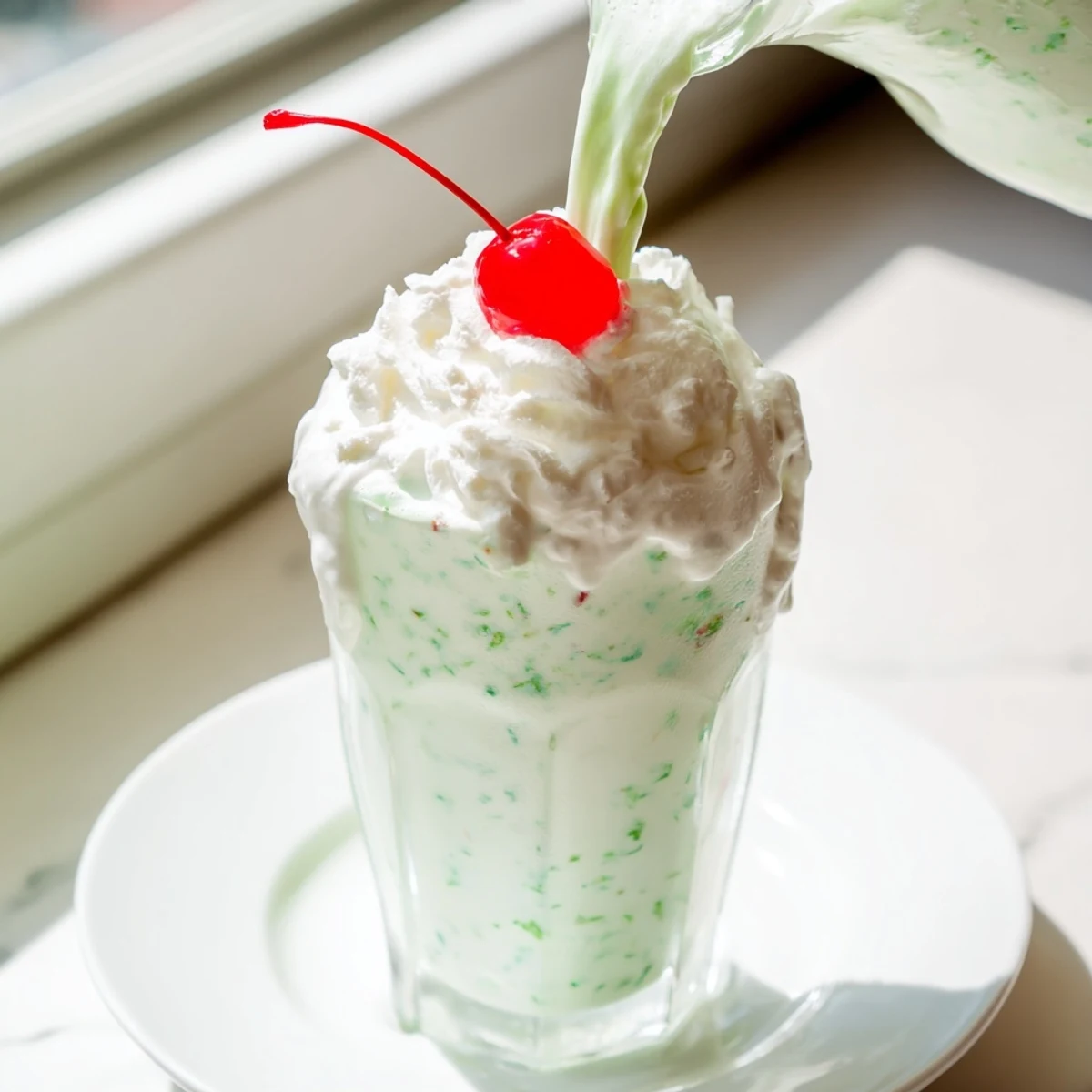 A refreshing Mint Milkshake with Maraschino Cherry served in a chilled glass with a straw, ready for a sweet treat.